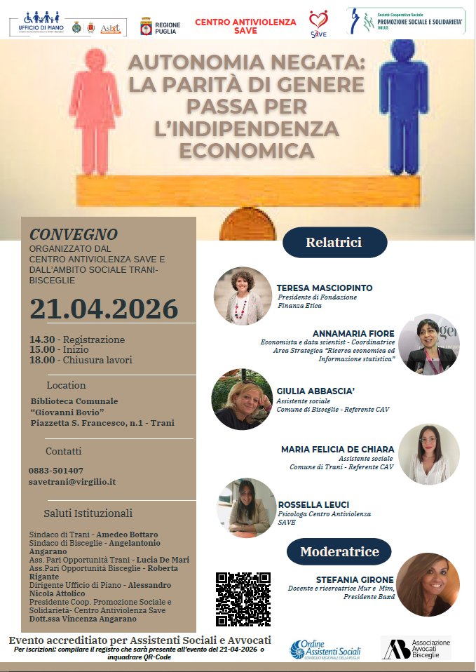 Il 21 aprile a Trani il convegno “Autonomia negata: la parità di genere passa per l’indipendenza economica”