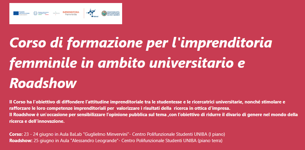 Dal 23 al 25 giugno il corso di formazione e il roadshow sull’imprenditorialità femminile in ambito universitario di Netval, Invitalia e Uniba