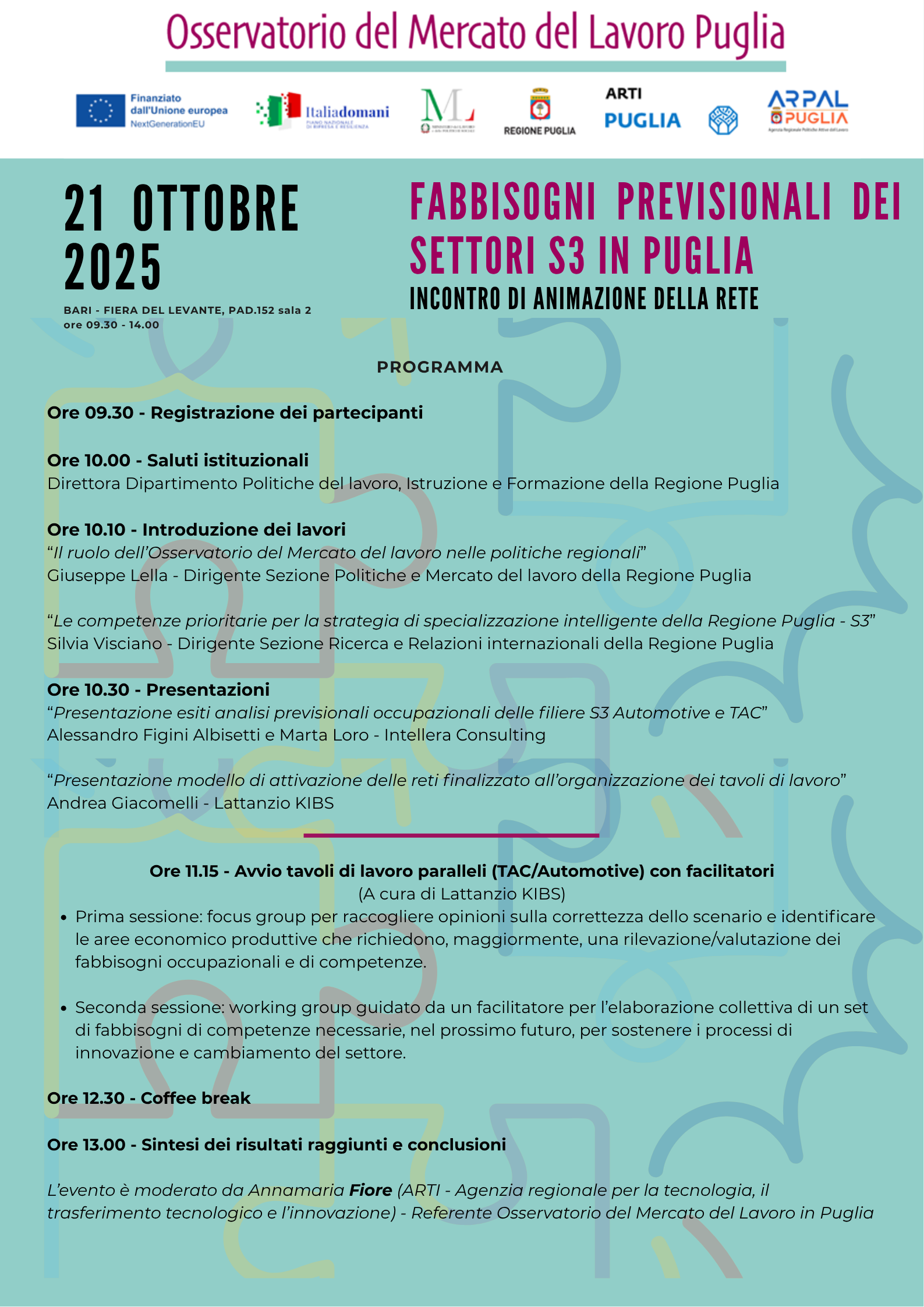 “Fabbisogni previsionali dei settori S3 in Puglia. Incontro di animazione della rete”, il 21 ottobre iniziativa partecipata dell’Osservatorio del Mercato del Lavoro Puglia