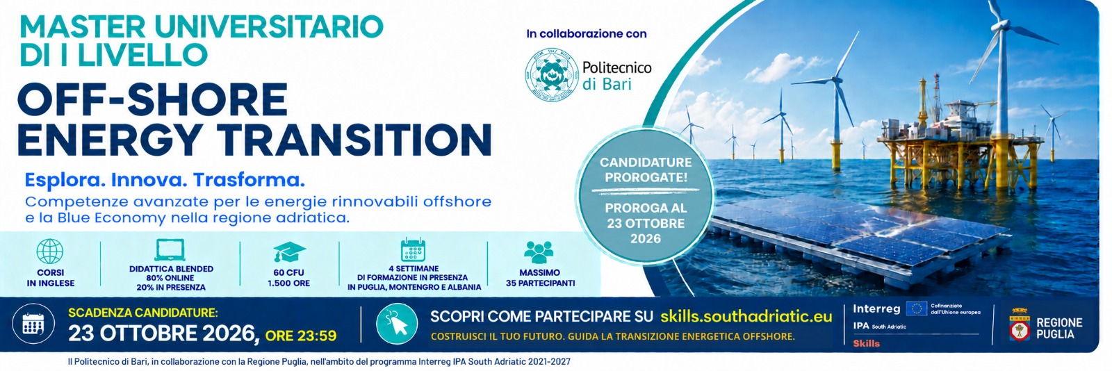SKILLS, Master in “Off-Shore Energy Transition”: prorogata al 23 ottobre 2026 la scadenza per le iscrizioni