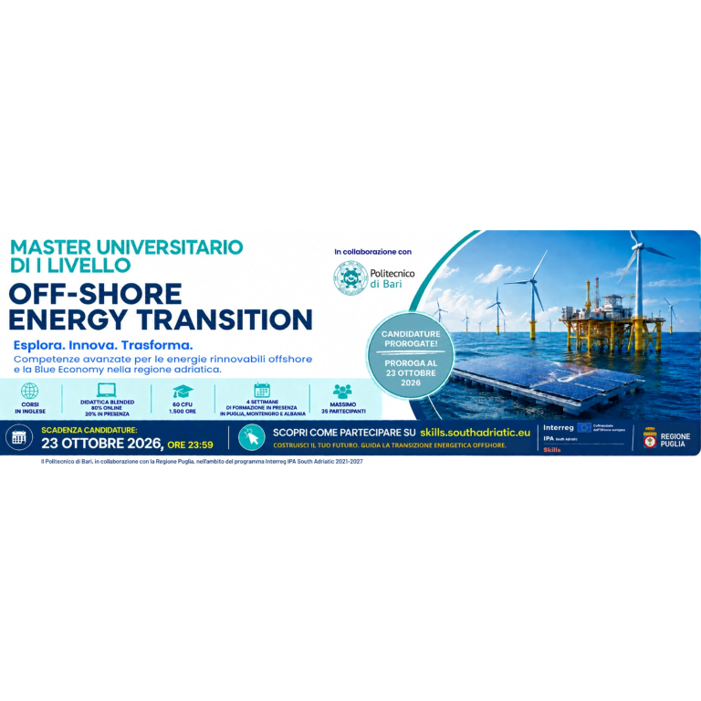 SKILLS, Master in “Off-Shore Energy Transition”: prorogata al 23 ottobre 2026 la scadenza per le iscrizioni