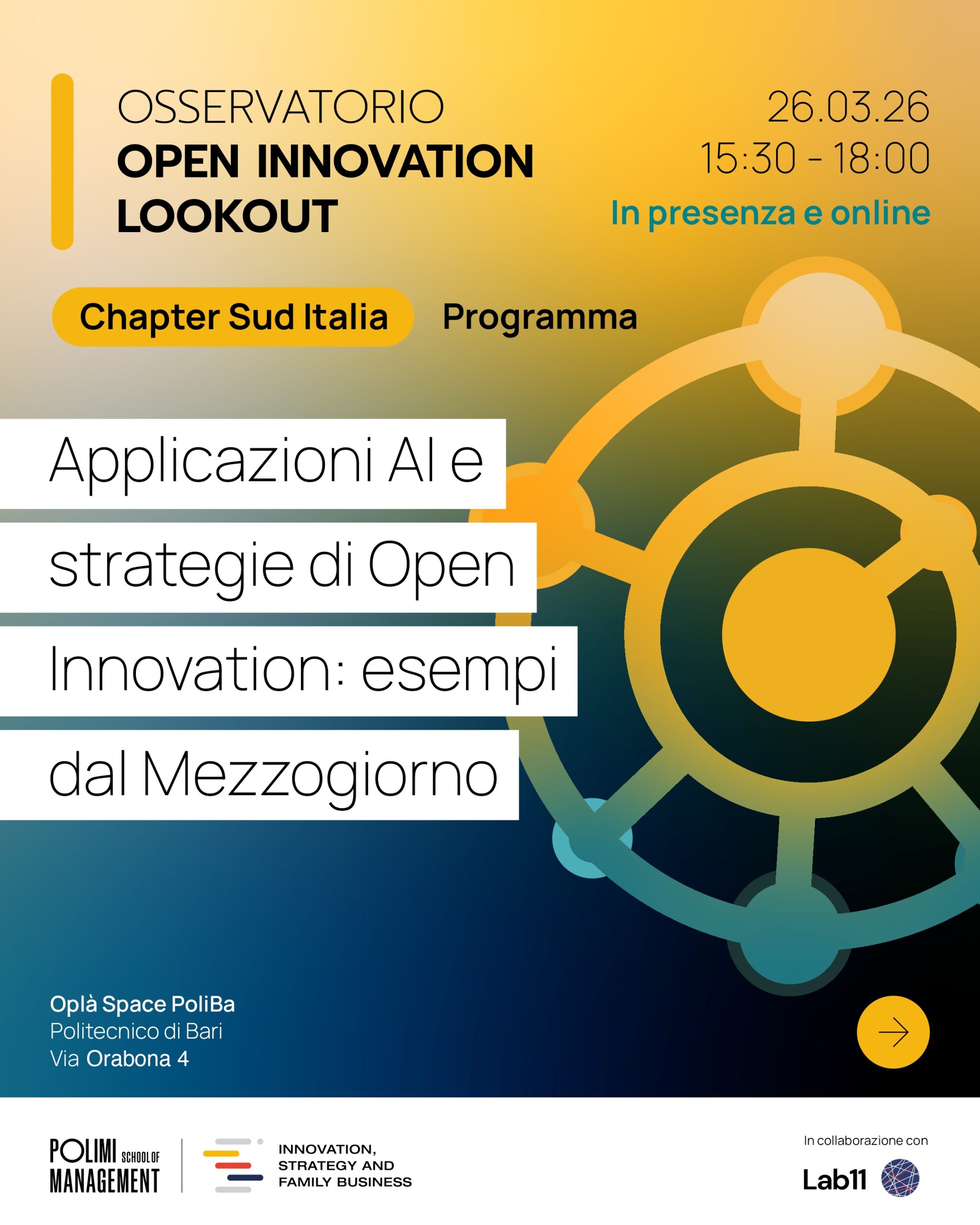 Open Innovation Lookout 2026 Chapter Sud Italia, il 26 marzo incontro al Politecnico di Bari