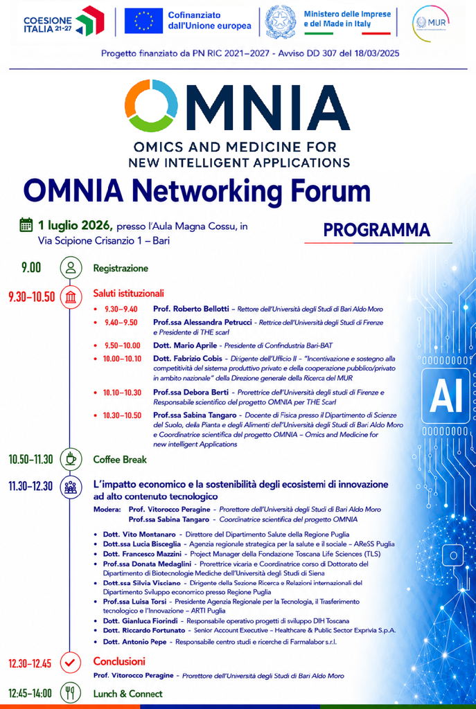 Kick-off Meeting di OMNIA – Omics and Medicine for New Intelligent Applications, a Bari 1 e 2 luglio