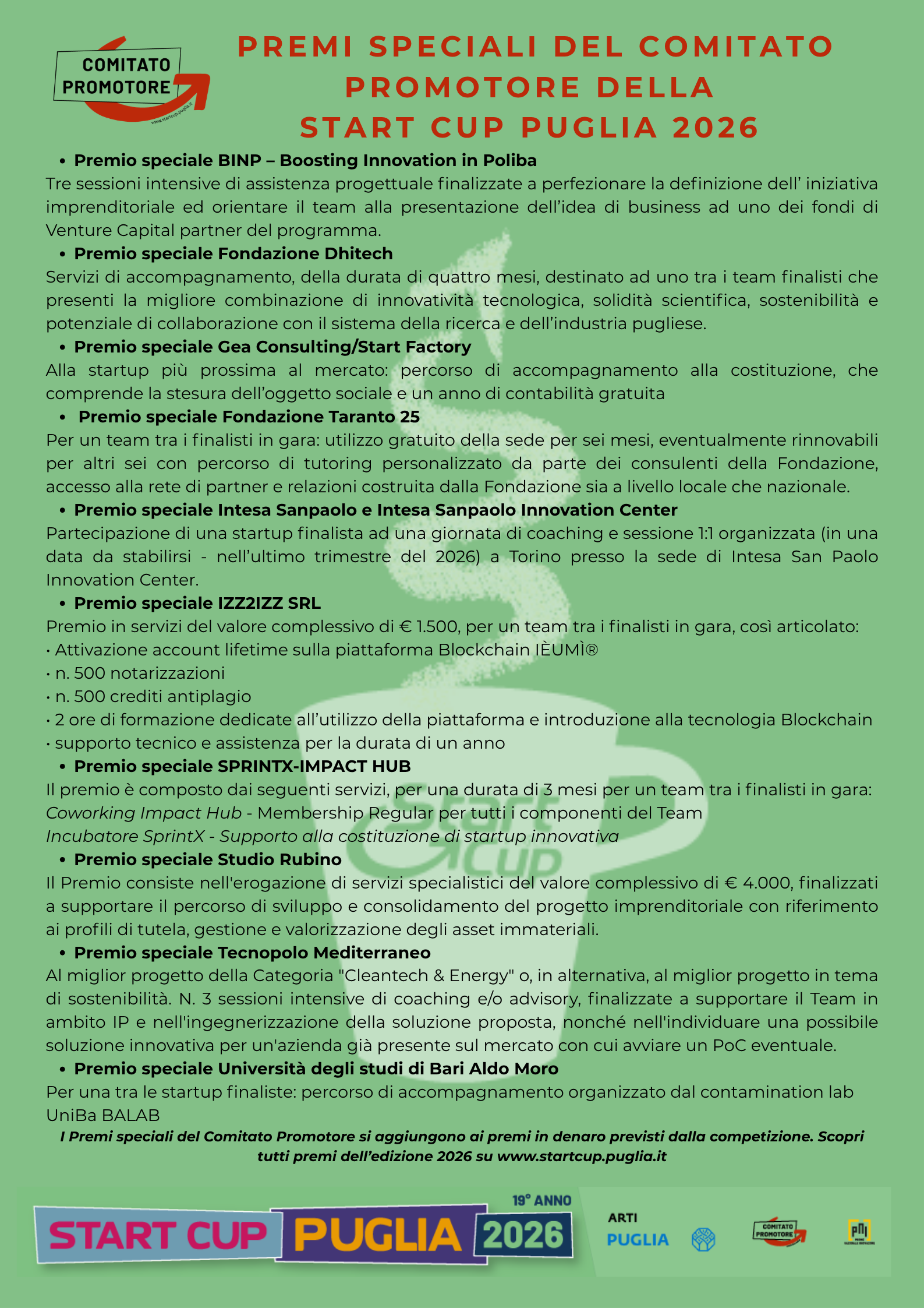 Start Cup Puglia 2026, dieci i premi speciali messi a disposizione dal Comitato Promotore