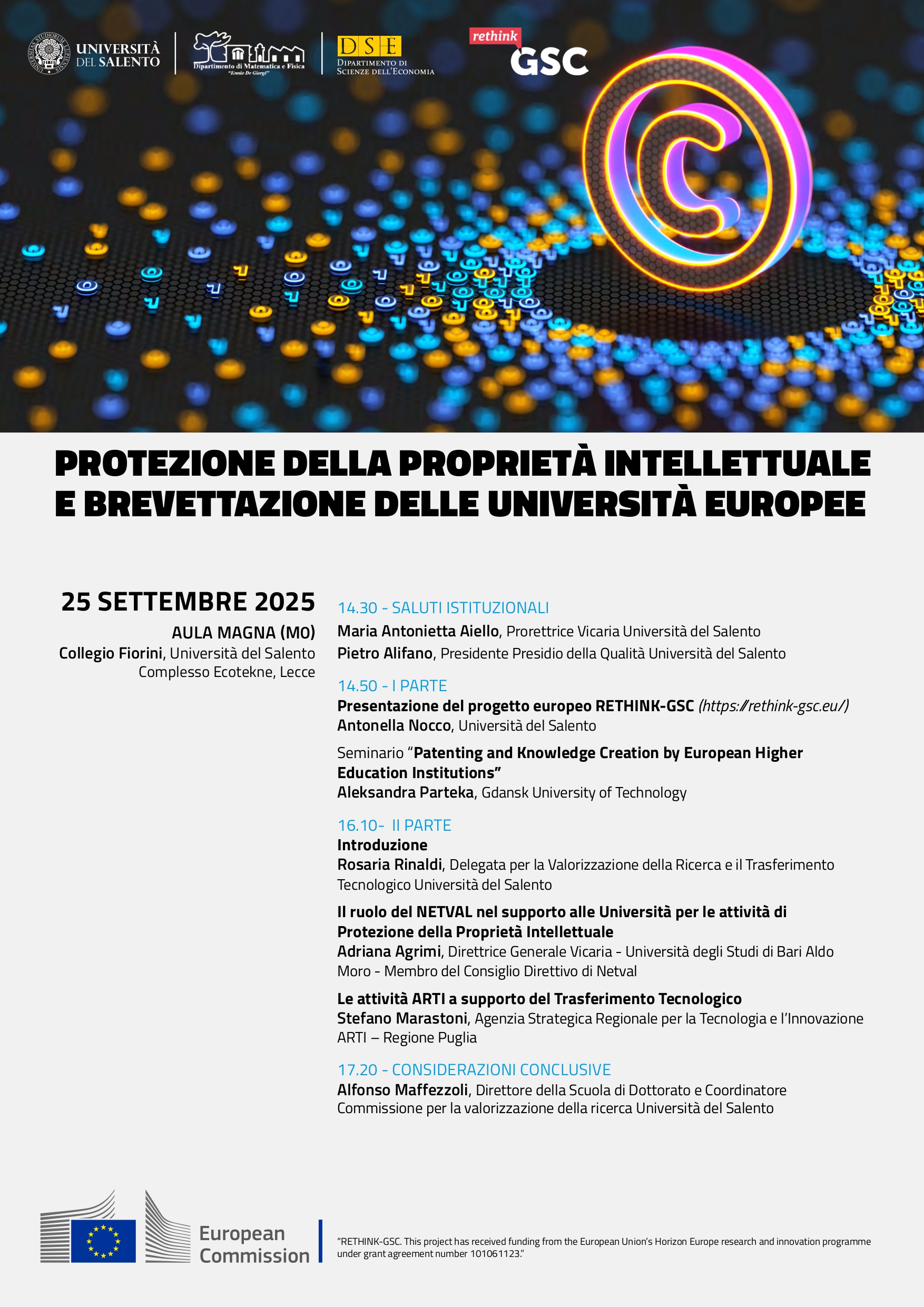 A Lecce un convegno sulla protezione della Proprietà Intellettuale e brevettazione delle Università Europee
