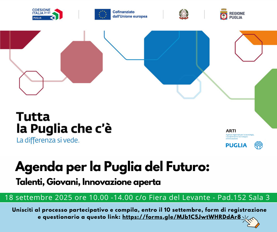"Agenda per la Puglia del Futuro: Talenti, Giovani, Innovazione aperta" - il 18 settembre evento in Fiera del Levante
