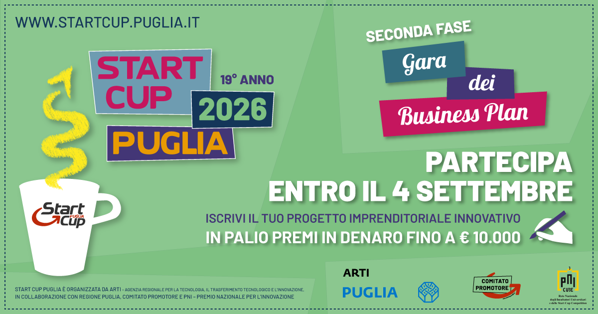 Start Cup Puglia 2026, candidature entro il 4 settembre