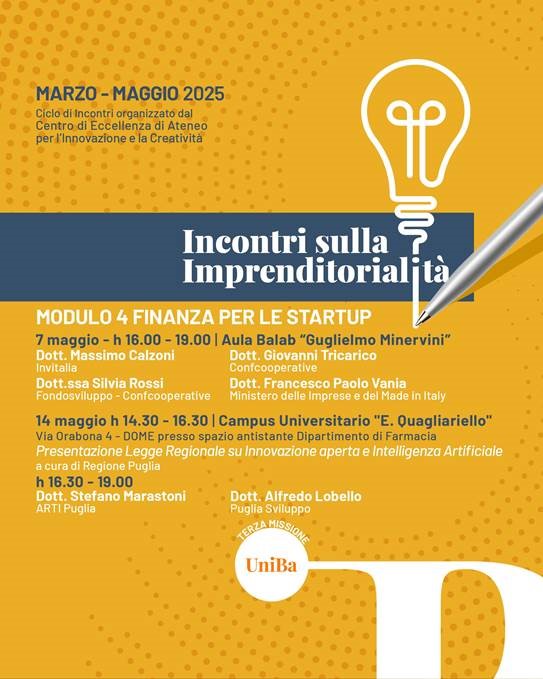 Incontri sulla Imprenditorialità, il 14 maggio si parla di: "Finanza per Start Up"