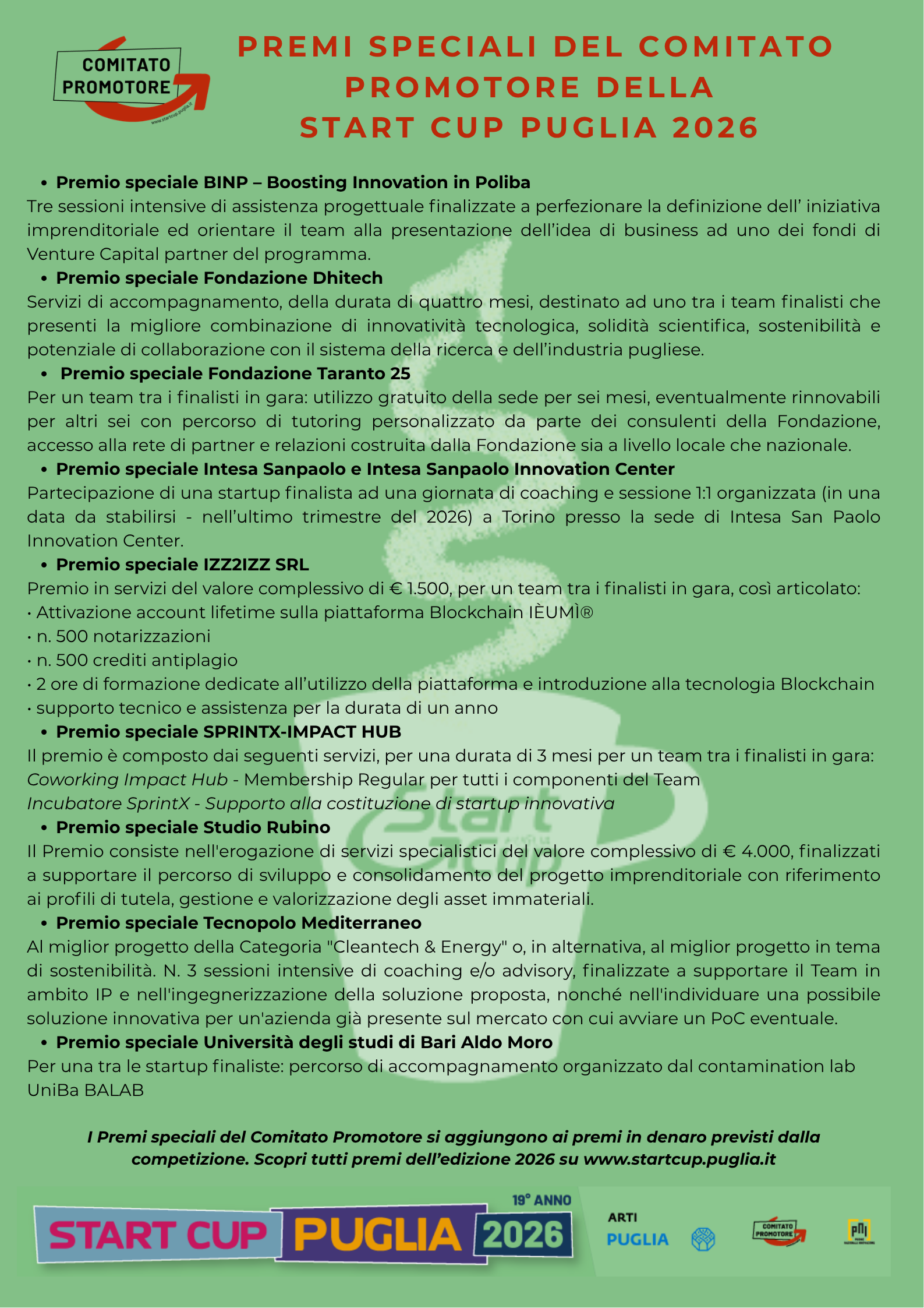 Start Cup Puglia 2026, nove i premi speciali messi a disposizione dal Comitato Promotore